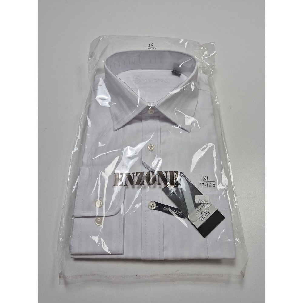 Enzone Dress Shirt Mens 17.5 XL White Herringbone Twill Easy Care Long Sleeve